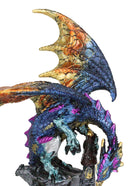 Metallic Blue Iridescent Dragon Protecting Castle On Mountain Cliff Figurine