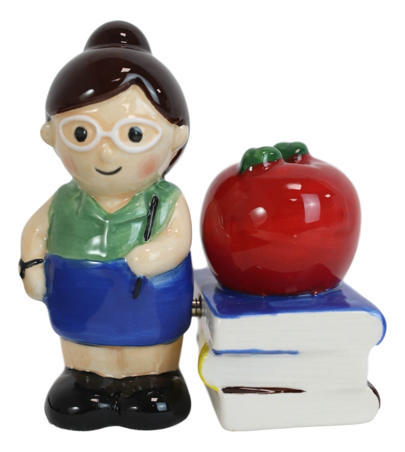 Ceramic Lady School Teacher And Red Apple Books Salt Pepper Shakers Figurine Set
