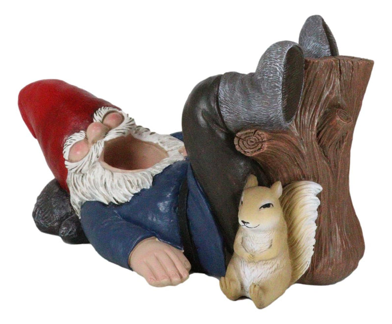 Whimsical Holiday Tipsy Drunk Garden Gnome Sleeping Near Squirrel Wine Holder