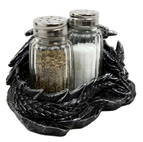 Sleeping Dragon Glass Salt and Pepper Shaker Set with Decorative Holder Display - Ebros Gift