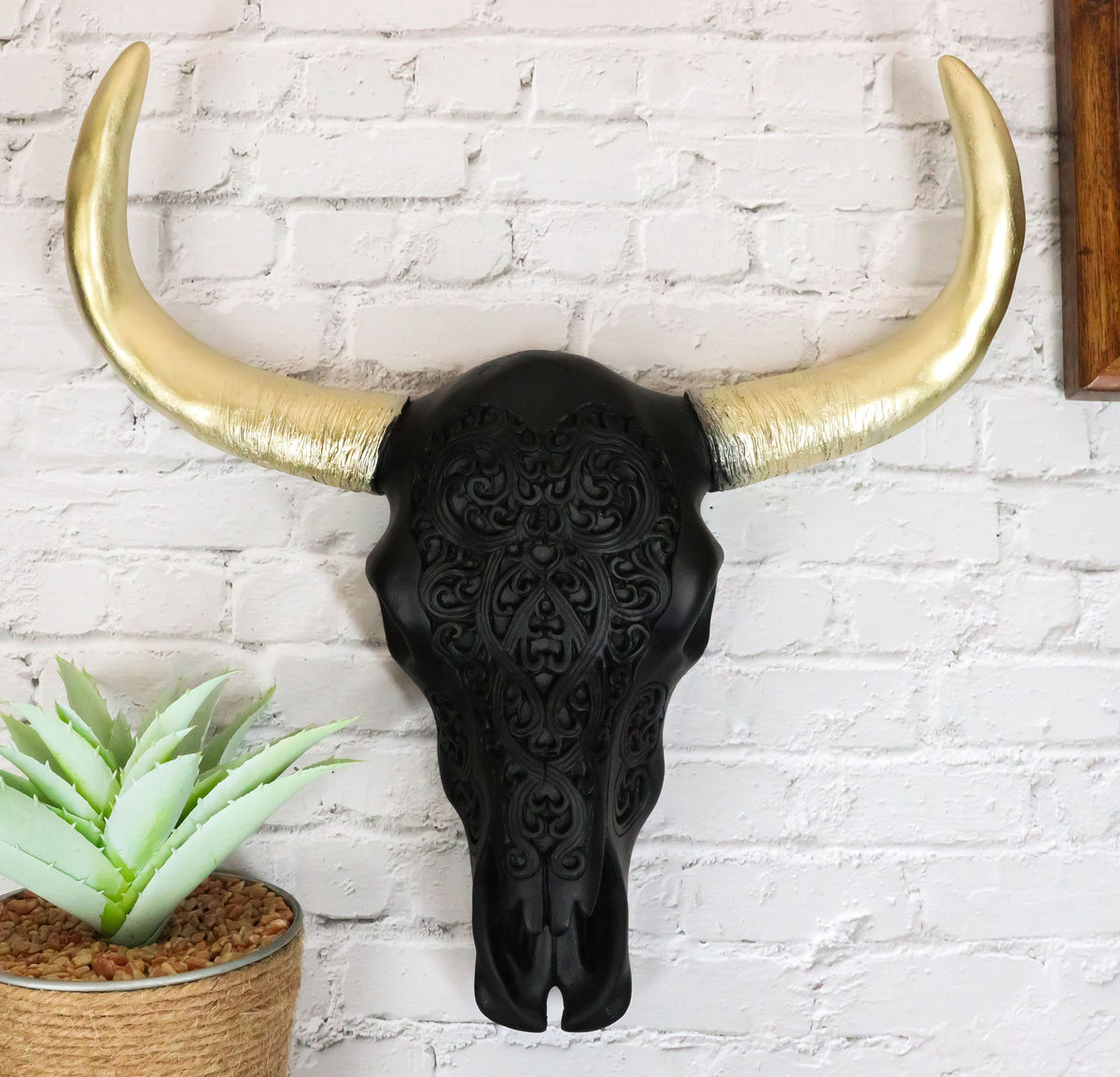 Black And Gold Tribal Floral Tattoo Tooled Filigree Bull Cow Skull Wall Decor