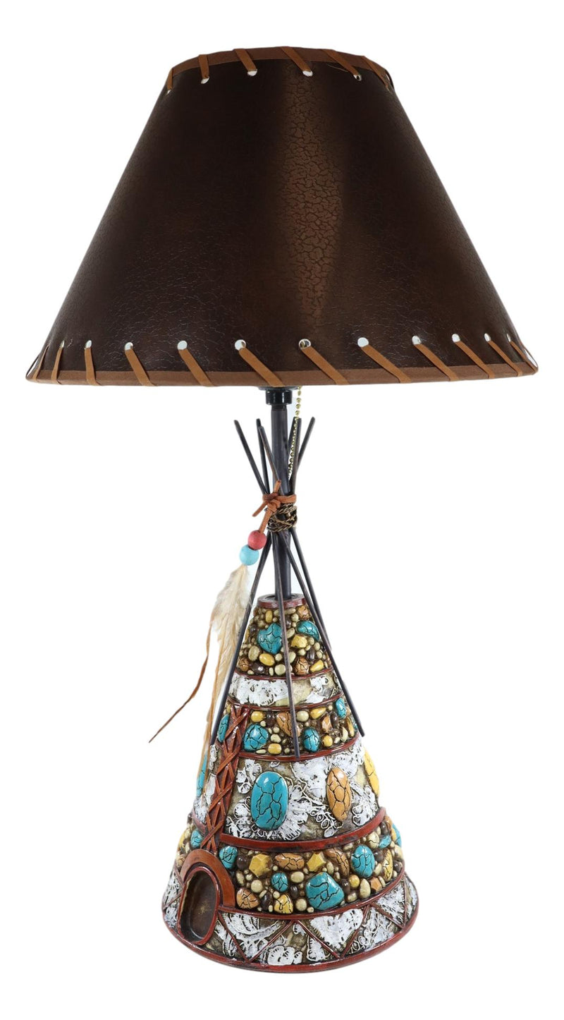 Southwestern Indian Teepee Hut Dreamcatcher Feathers Turquoise Rocks Table Lamp