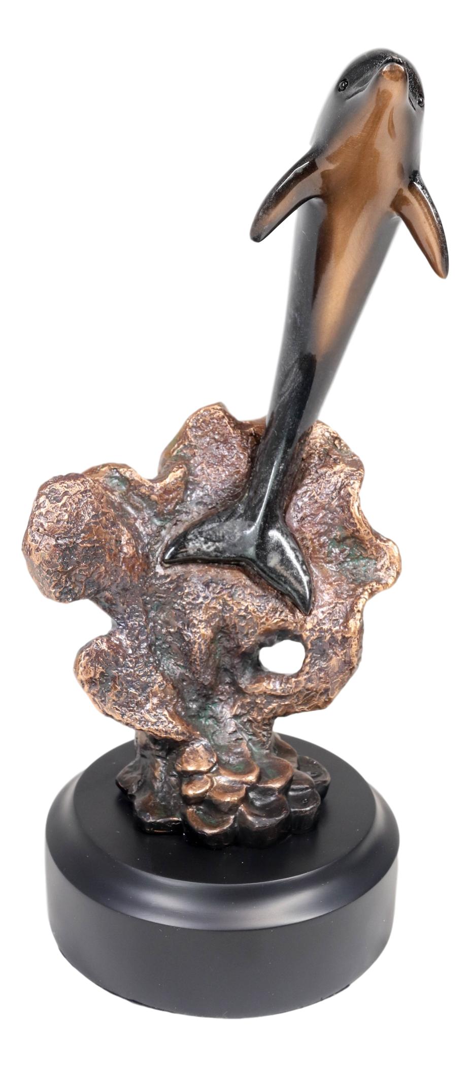 Marine Sea Dolphin Jumping Out Of Water Bronze Electroplated Resin Figurine - Ebros Gift