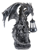 Ebros Dark Beacon Dragon Guardian of Styx Castle Gate Statue W/ Solar LED Light
