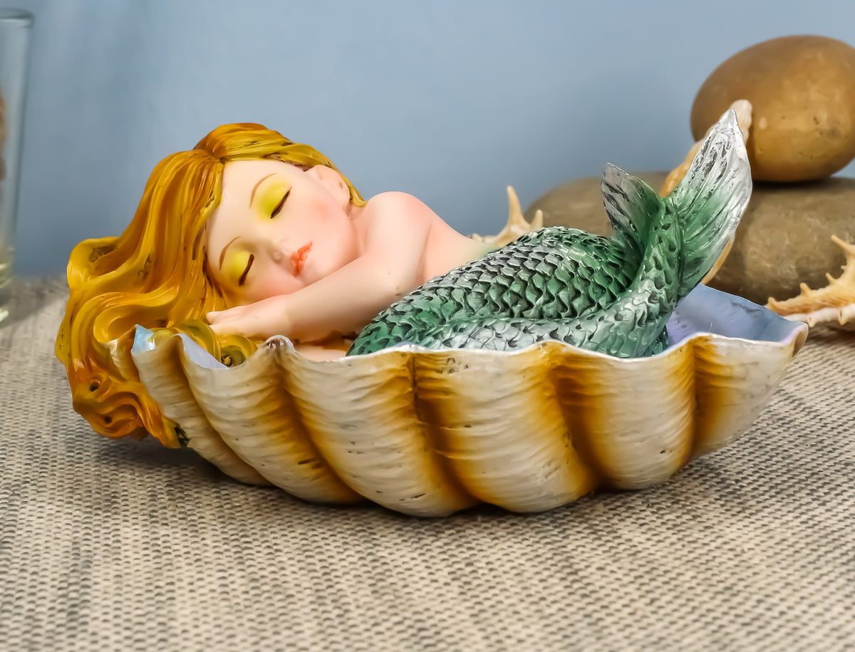 Ebros Under The Sea Baby Mermaid Sleeping On Oyster Shell Figurine Iridescent Green Tailed Mermaid Baby Sculpture