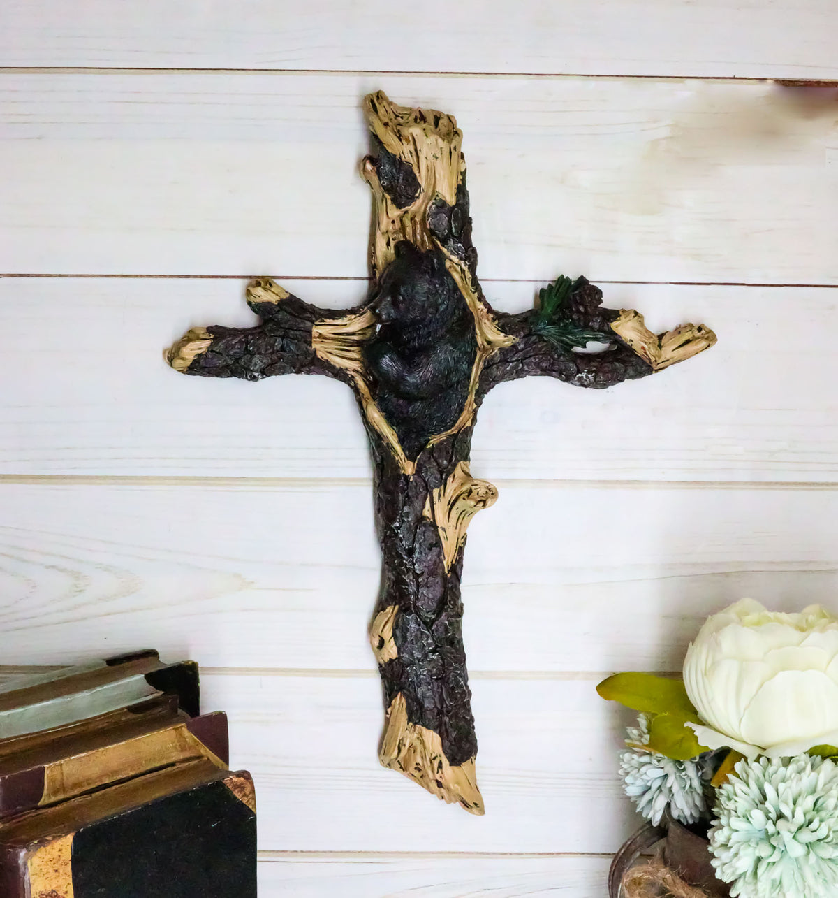 Ebros Gift 14.25" H Rustic Black Bear Cub Sleeping On Pine Tree Wall Cross Decor - Ebros Gift