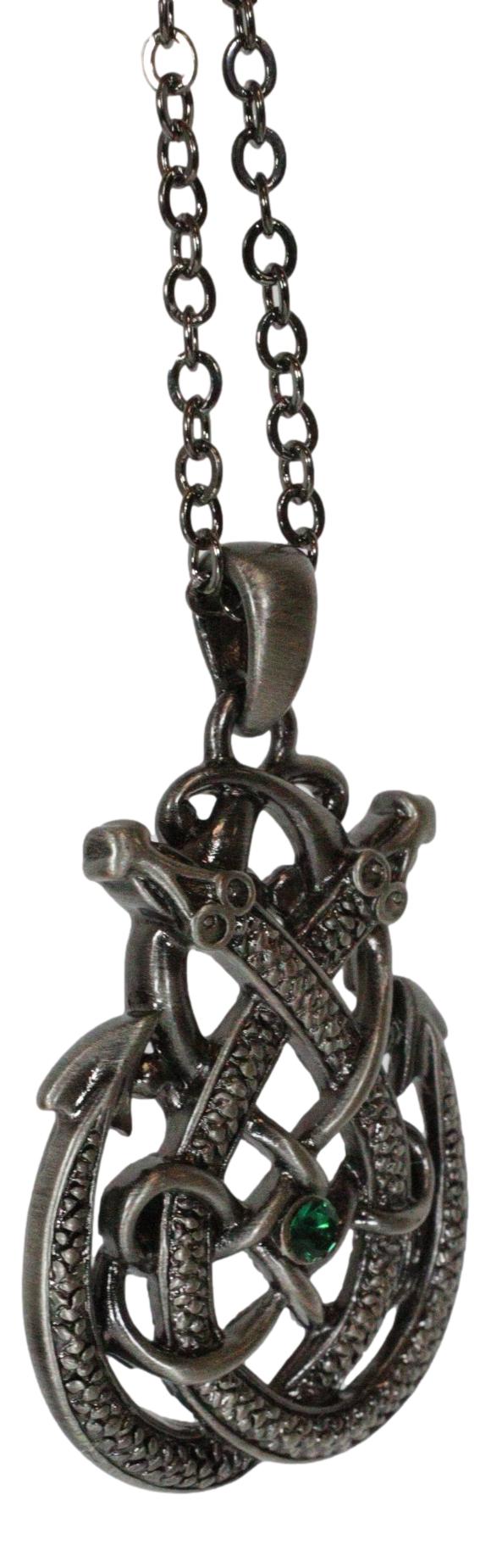 Celtic Knotwork Twin Draco Fearsome Serpentine Dragons Pewter Jewelry Necklace