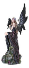 Necromancy Gothic Black Fairy With Raven Crow Sitting On Rock Figurine 15.25"H