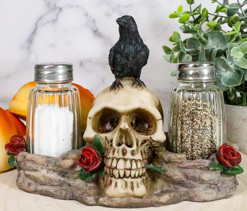 Ebros Day Of The Dead Raven Crow W/ Rose Skull Salt & Pepper Shakers Holder Set