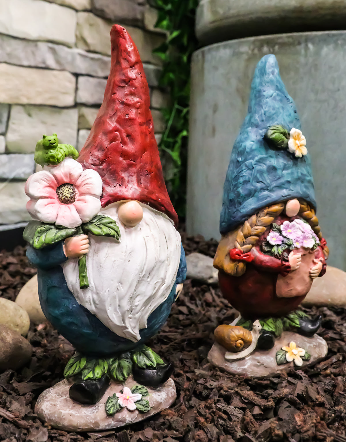 Pack Of 2 Whimsical Garden Mr And Mrs Gnome Couple Holding Flowers Figurines - Ebros Gift