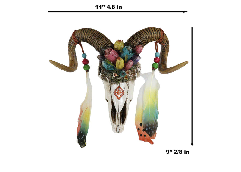 Rustic Corsican Ram Skull With Flowers And Dreamcatcher Feathers Wall Decor