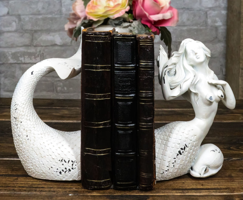 Rustic White Stone Finish Ocean Siren Mermaid Body & Tail Bookends Figurine Set