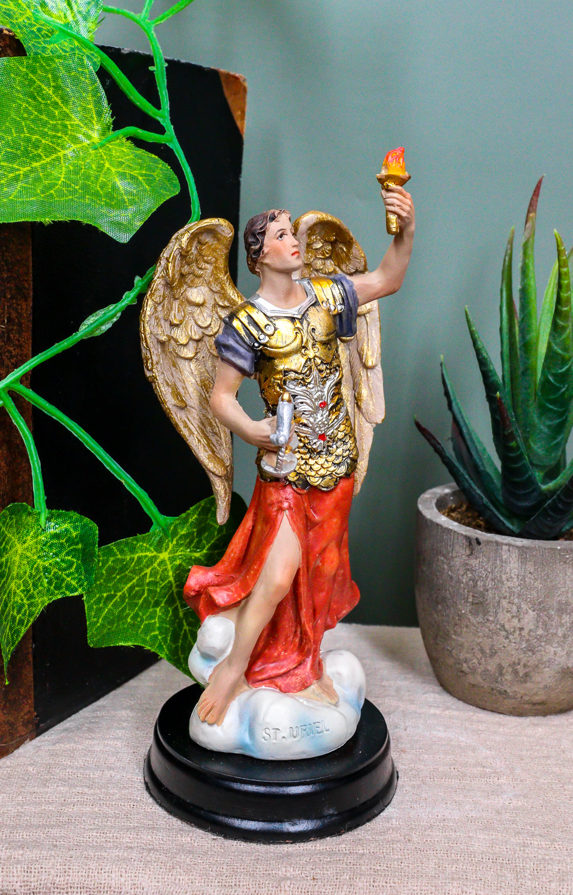 Catholic Church Archangel Saint Uriel With Holy Spirit Torch Statue With Base - Ebros Gift