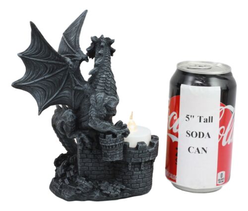 Ebros Fire Dragon Perching On Castle Fortress Turret Tea Light Candle Holder Statue 7"Tall Fantasy Faux Stone Gothic Dungeons And Dragons Candleholder Decor Medieval Renaissance Age of Kings Sculpture