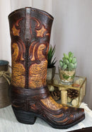 Large Rustic Western Faux Tooled Leather Cowboy Brown Boot Flower Vase Planter