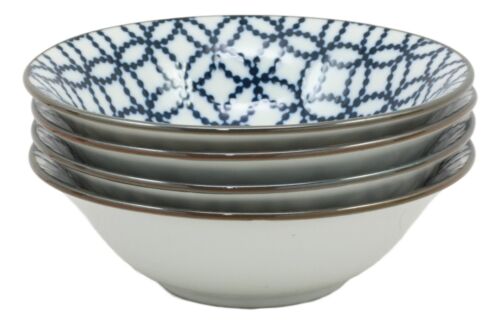 Ebros Made in Japan Blue Geometric Circles Ceramic Bowls Set of 4 Rice Meal Soup Dine