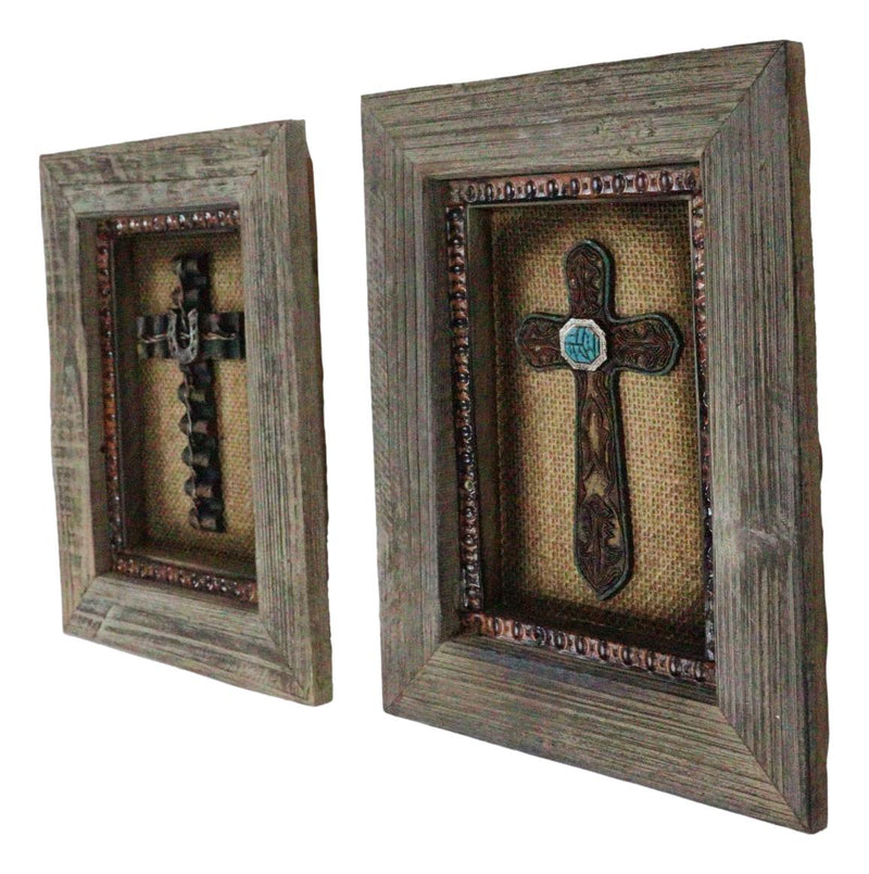 Pack of 2 Rustic Western Turquoise Gems Horseshoe Cross Wood Framed Wall Decors