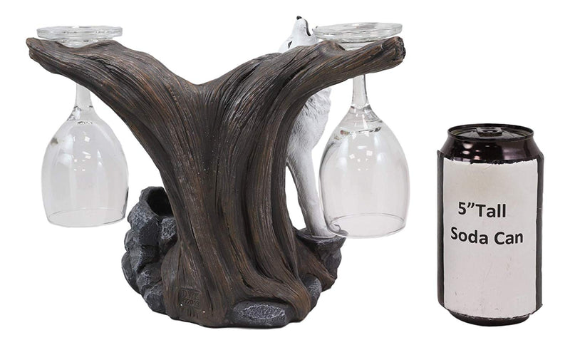 Ebros Rustic Tundra Woodlands Howling Arctic White Snow Wolf Wine Valet Statue As Bottle and 2 Glasses Holder 9.5" Wide Spirit Totem Full Moon Direwolf Timberwolf Decor Caddy Organizer Sculpture