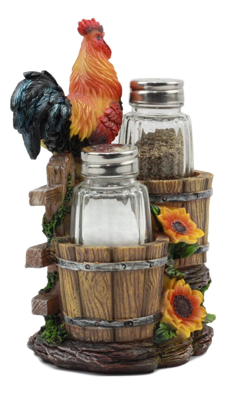Ebros Sunflower Farm Crowing Rooster Standing On Fence By Old Fashioned Wooden Buckets Glass Salt And Pepper Shakers Holder Figurine 6.5"H Chicken Country Western Decorative Sculpture