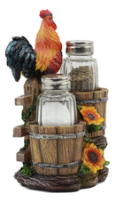 Ebros Sunflower Farm Crowing Rooster Standing On Fence By Old Fashioned Wooden Buckets Glass Salt And Pepper Shakers Holder Figurine 6.5"H Chicken Country Western Decorative Sculpture