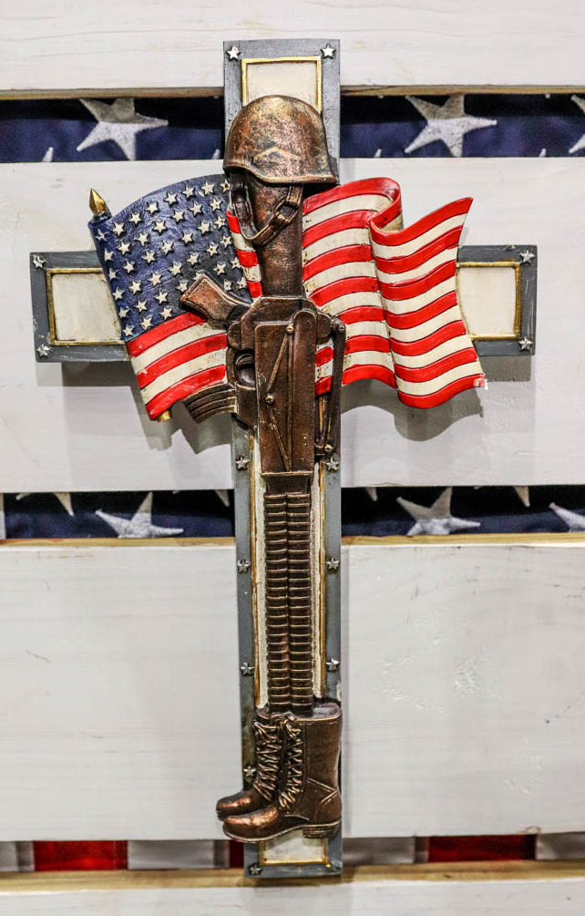 Rustic USA Flag American Fallen Soldier Helmet Rifle Boots Memorial Wall Cross - Ebros Gift