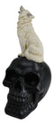 Gothic Full Moon Howling White Wolf Sitting On Black Macabre Skull Figurine