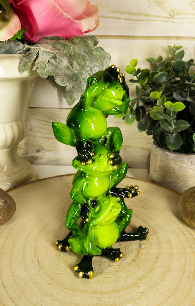Whimsical Acrobatic See Hear and Speak No Evil Frogs Totem Statue 5.75"Tall