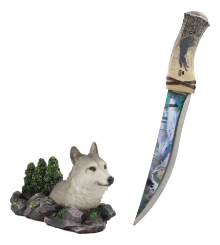 Ebros Gray Wolf In Forest Scene Centerpiece With Hunting Knife Letter Opener Statue