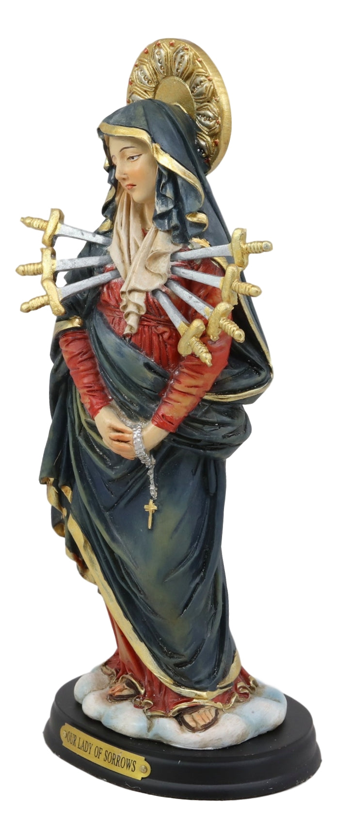 Ebros Gift Our Lady of Seven Sorrows Mater Dolorosa Standing Blessed Virgin Mary Statue On Pedestal Base with Brass Inscription 8.5" Tall Figurine