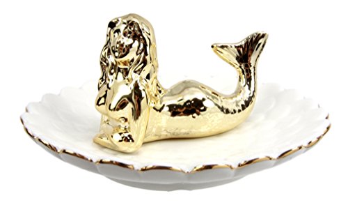 Ebros Gift Golden Resting Mermaid Ceramic Ring Accessory Jewelry Holder Vanity Display Figurine