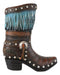 Rustic Western Tooled Leather Lace Patterns Boot Floral Vase With Blue Fringes