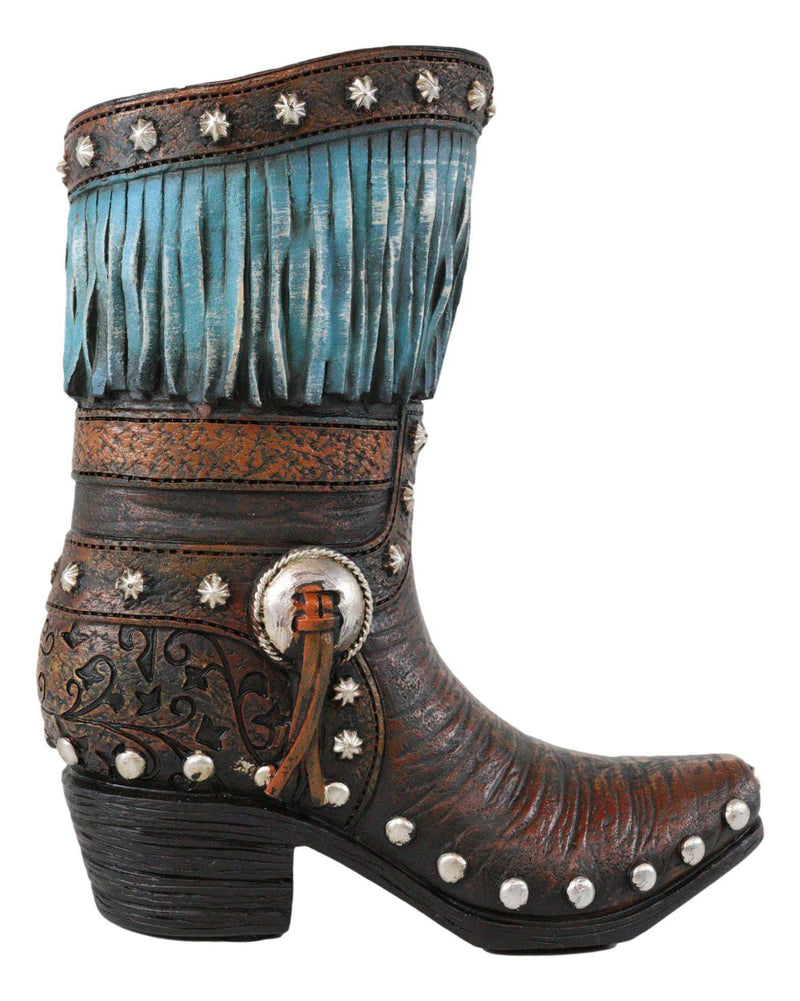 Rustic Western Tooled Leather Lace Patterns Boot Floral Vase With Blue Fringes