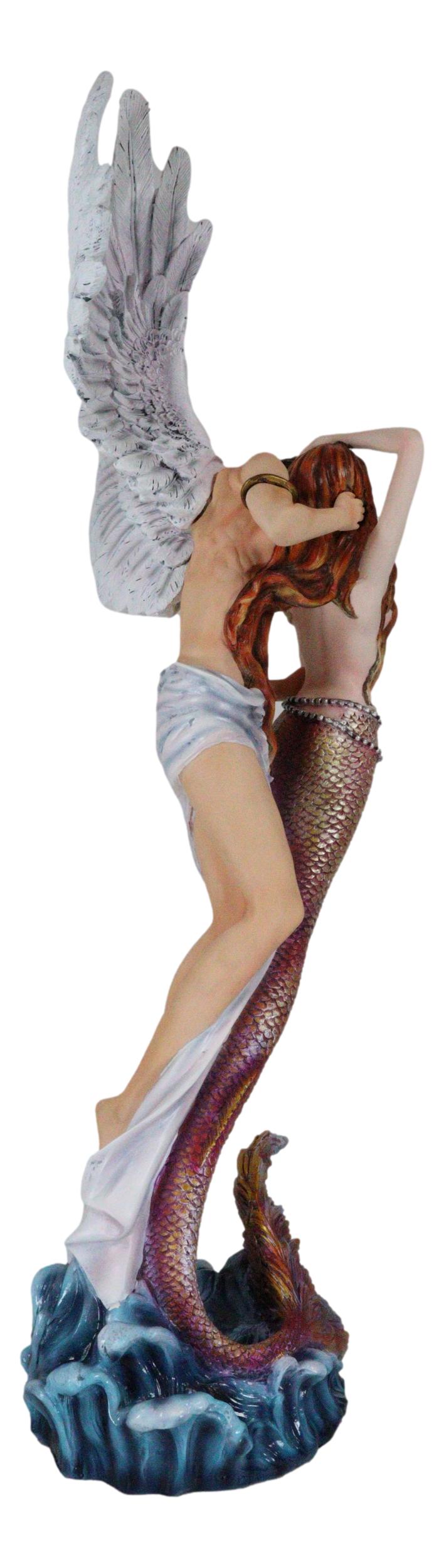 Large Goddess Mermaid Embracing With Heavenly Winged Angel By The Ocean Statue