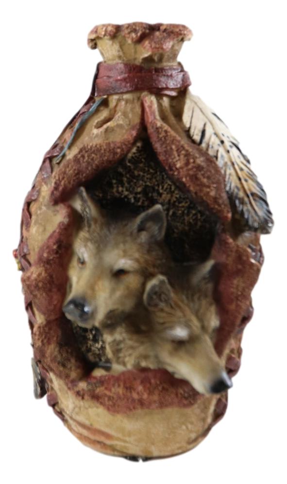 Rustic Southwestern Indian 2 Wolves Dreamcatcher Feathers Floral Vase Sculpture
