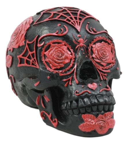 Ebros Day of The Dead Spider Web Floral Red Rose Sugar Skull Figurine