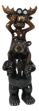 Whimsical Bull Moose Elk Sitting On Black Bear Shoulders W/ Binoculars Figurine