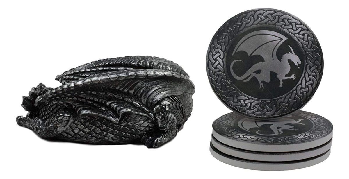 Ebros Medieval Hour Of The Dragon Coaster Set 6.5"L Holder With Four Coasters - Ebros Gift