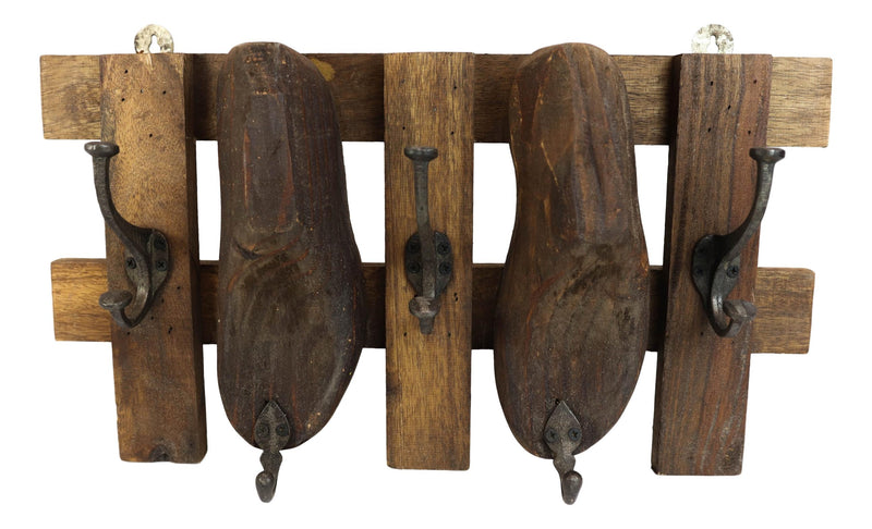 21" Long Rustic Antique Shoe Molds Horizontal Wood Rack Wall Plaque Coat Hooks