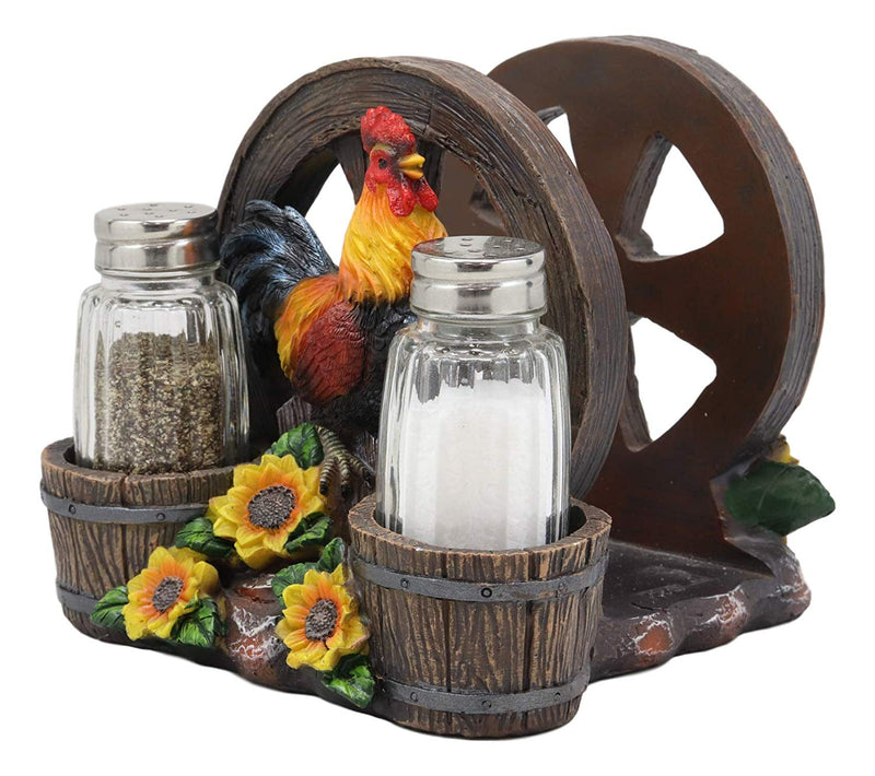 Rooster Chicken By Farm Barrels Wagon Wheels Napkin & Salt Pepper Shakers Holder