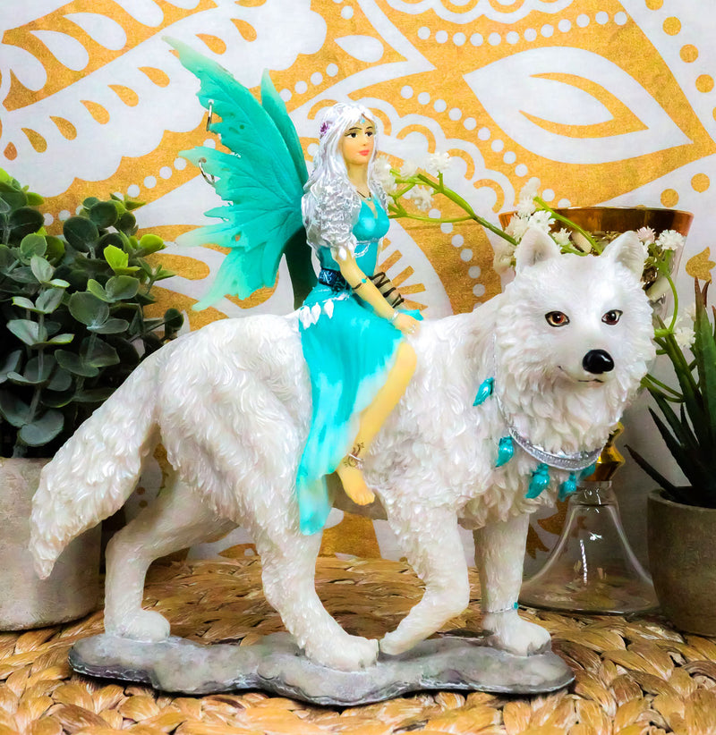 Ebros Gift Elektra Blue Ice Fairy Riding Giant Snow Wolf King Rumba Figurine 8"H