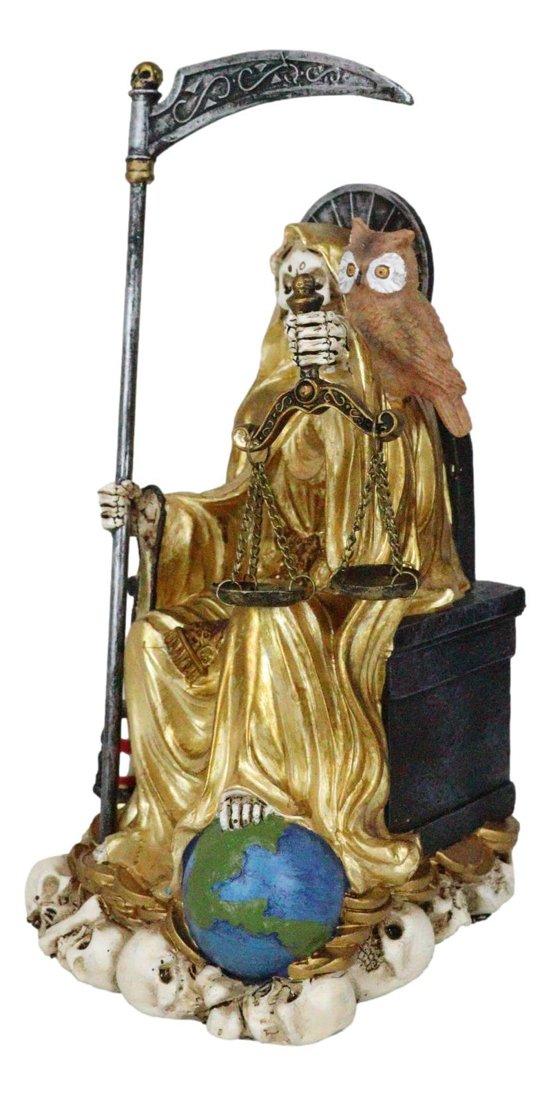 Seated Gold Santa Muerte With Scythe Scales of Justice And Wise Owl Figurine 9"H