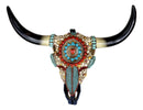 Western Bison Steer Bull Cow Skull With Floral Turquoise Rocks Beads Wall Decor