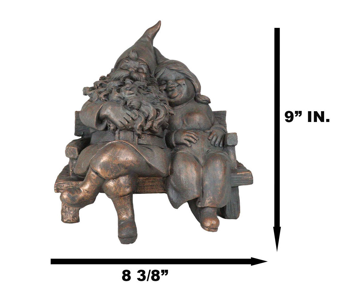 Forever Love Mr and Mrs Gnome Couple Sitting On Wooden Stool Bench Figurine