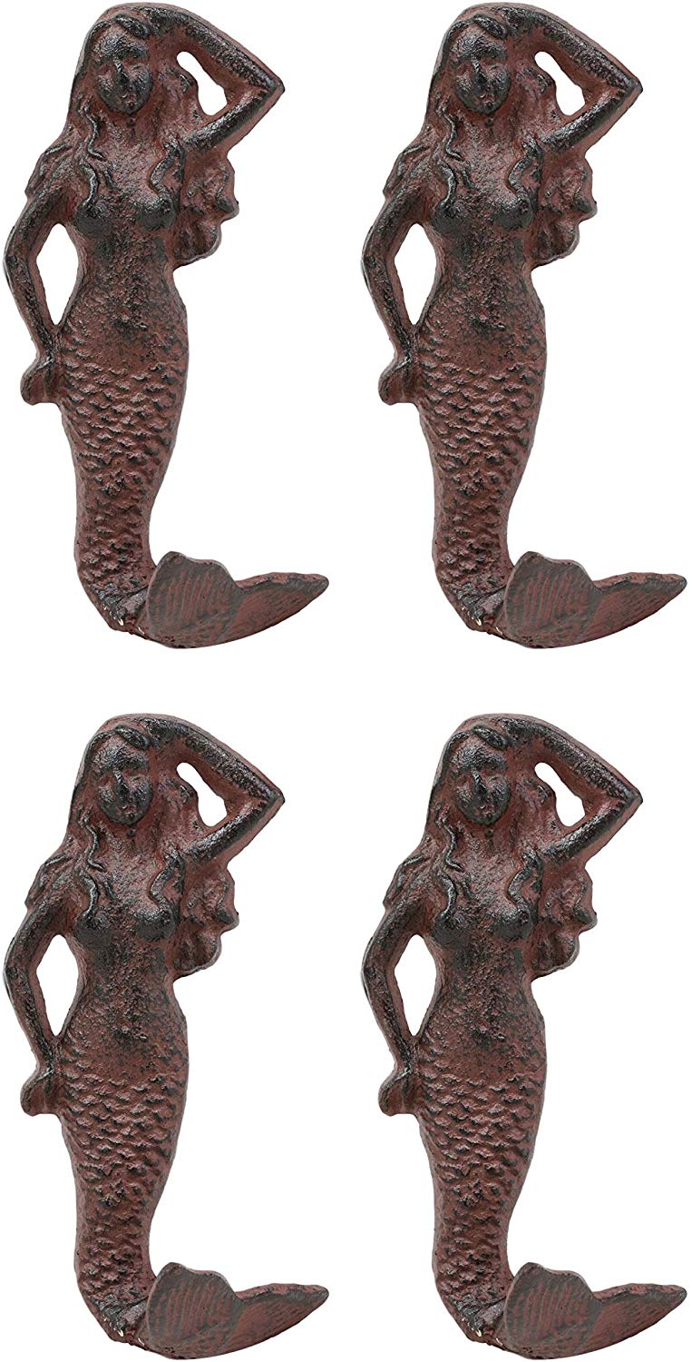 Ebros Gift 6" Tall Cast Iron Rustic Vintage Finish Wall Coat Hook Mermaids Decorative Accent Hooks for Keys Leashes Hats (4) - Ebros Gift