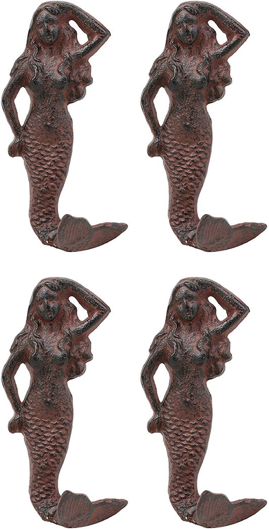 Ebros Gift 6" Tall Cast Iron Rustic Vintage Finish Wall Coat Hook Mermaids Decorative Accent Hooks for Keys Leashes Hats (4) - Ebros Gift