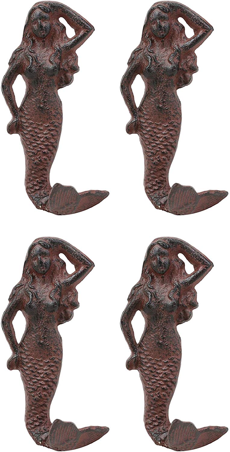 Ebros Gift 6" Tall Cast Iron Rustic Vintage Finish Wall Coat Hook Mermaids Decorative Accent Hooks for Keys Leashes Hats (4)