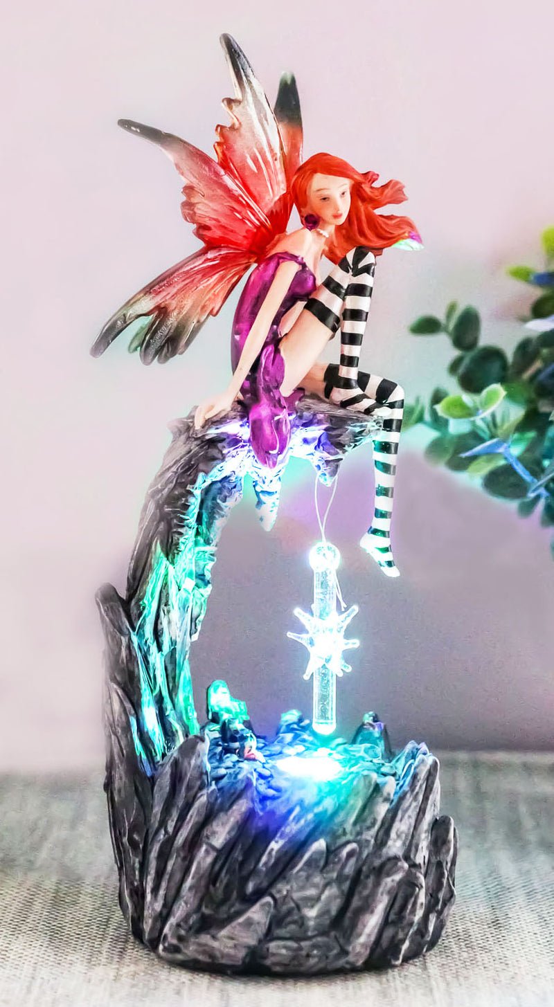 Ebros Gift Beautiful Jester Fairy Magenta On Cave Ledge With Crystal LED Night Light Figurine