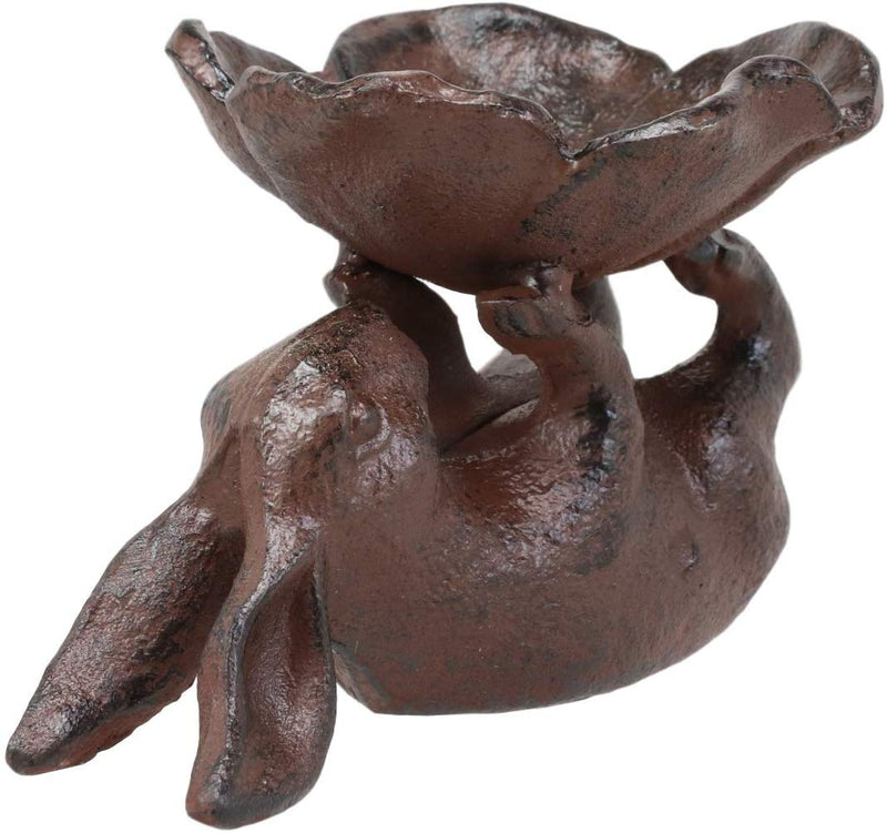 Ebros Gift Cast Iron Whimsical Bunny Rabbit Suspending Flower Petals Dish Bowl Garden Bird Bath Feeder Decor Statue 7.25" Long for Pool Patio Lawn Outdoors Decorative Accent