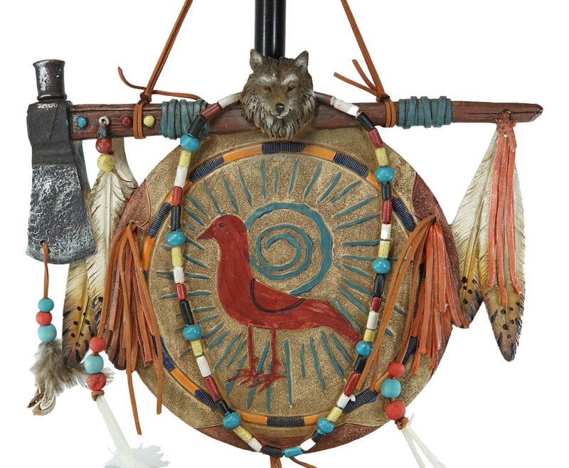 Indian Wolf Axe And Shield Dreamcatcher Figurine With Beads Feathers Wall Decor