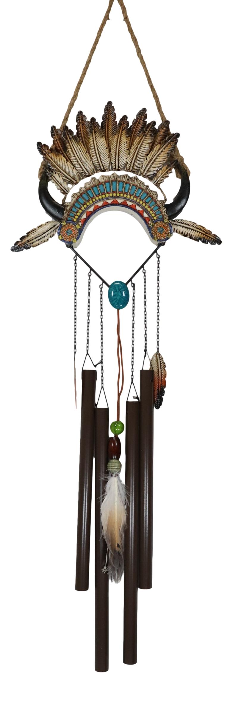 Southwest Boho Chic Indian Chief Headdress Feathers Turquoise Rocks Wind Chime